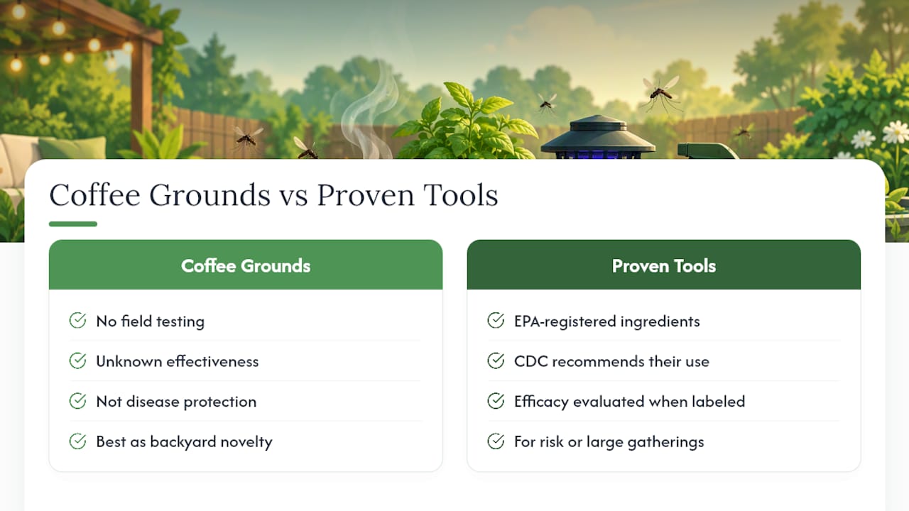 Coffee Grounds vs. Proven Mosquito Protection — overview diagram