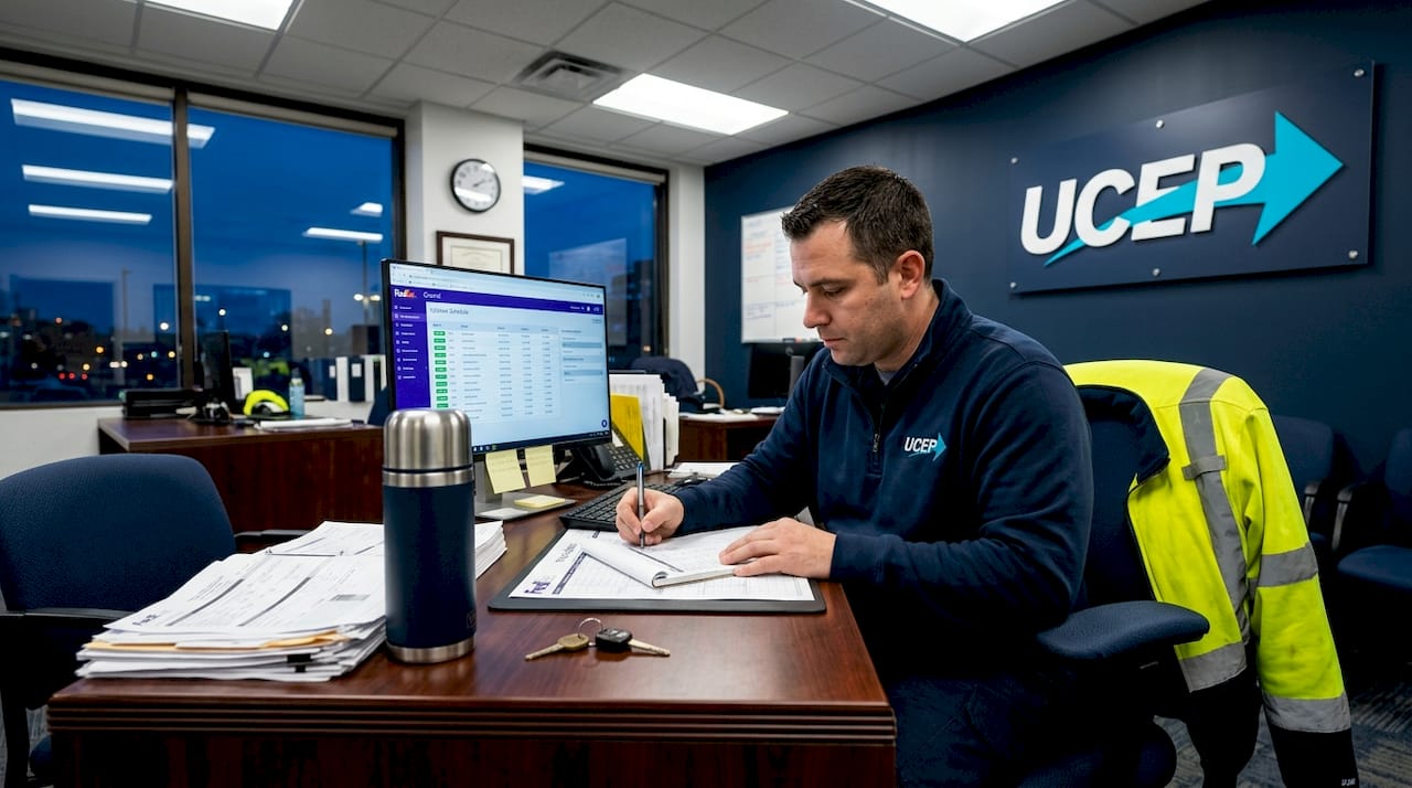 FedEx driver filling out logbook before night shift