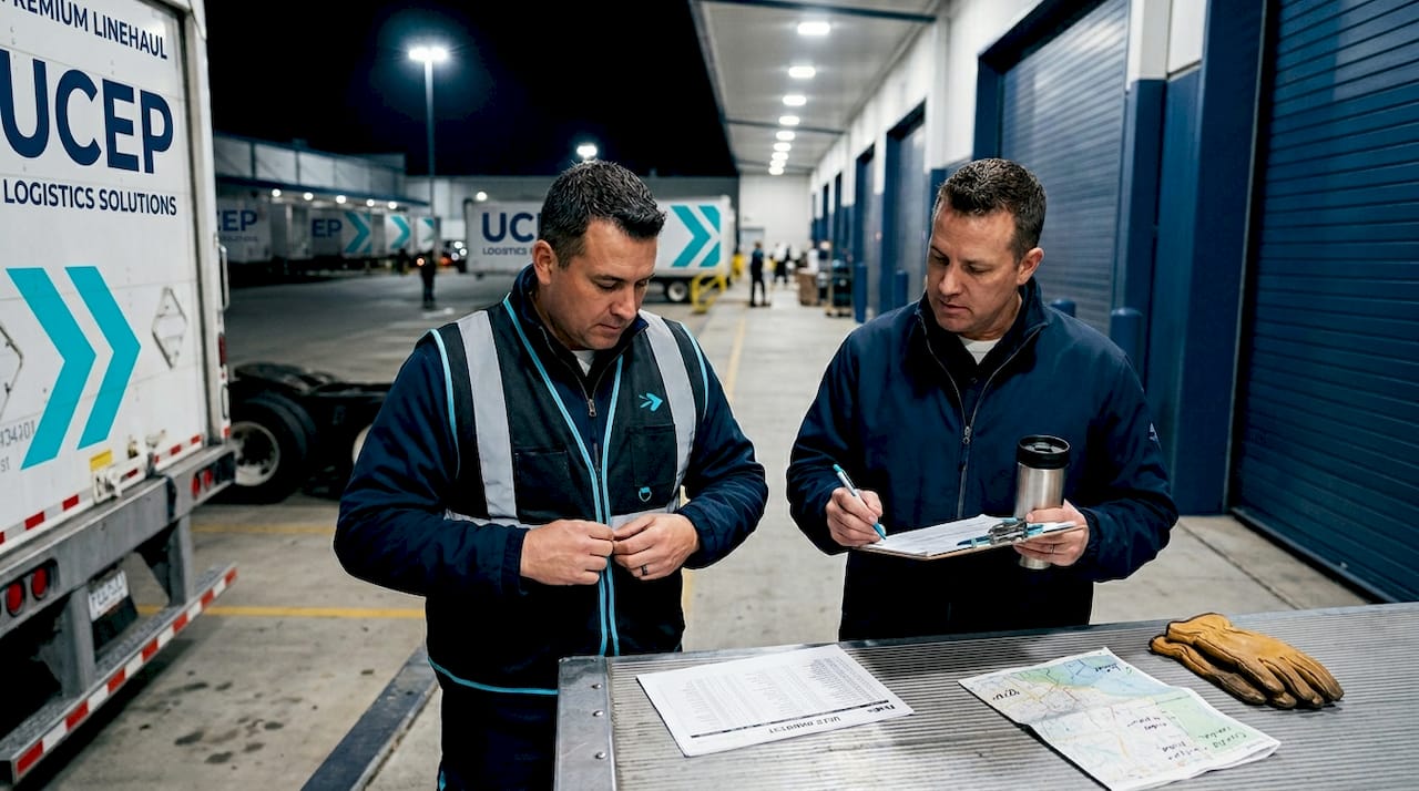 Linehaul team drivers checking manifest beside truck