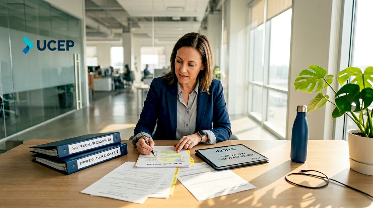 Manager organizing driver compliance paperwork in office