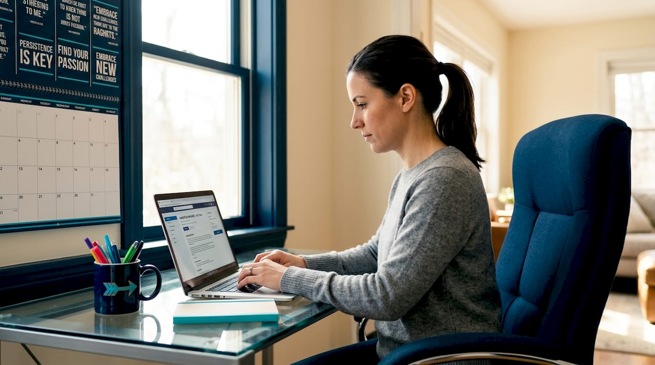 Woman typing job listing at kitchen table
