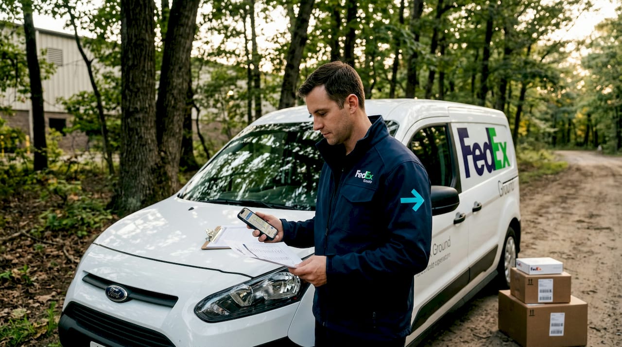FedEx Ground operator checking route schedule