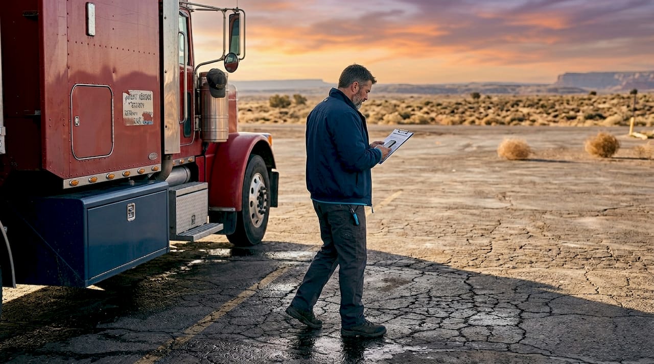 Independent trucker at truck stop with clipboard
