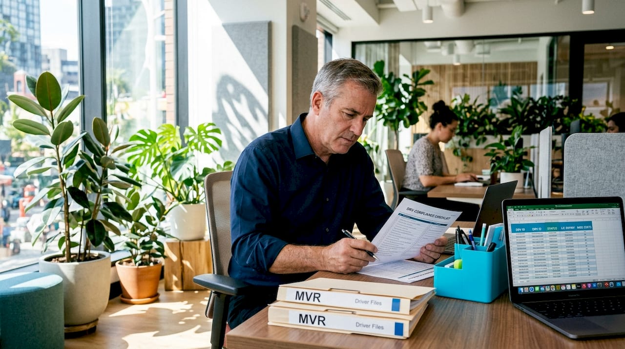 Manager reviewing driver compliance documents