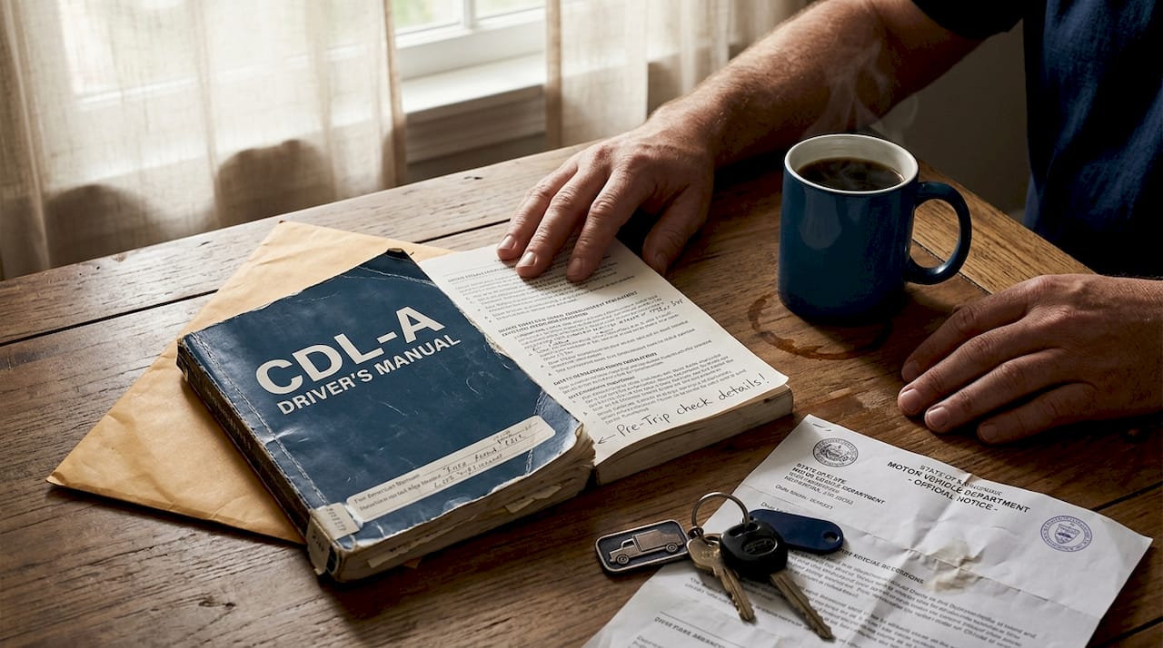 CDL-A manual and truck keys on table