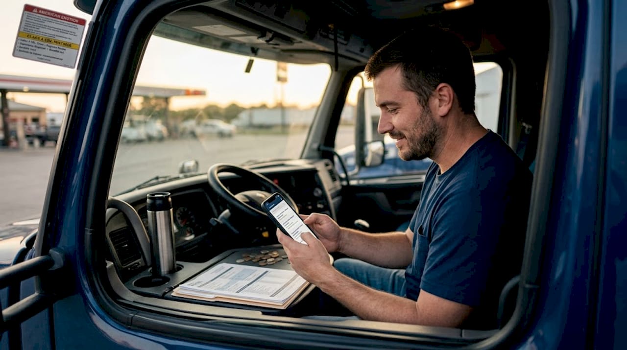 Truck driver checking job posting on phone