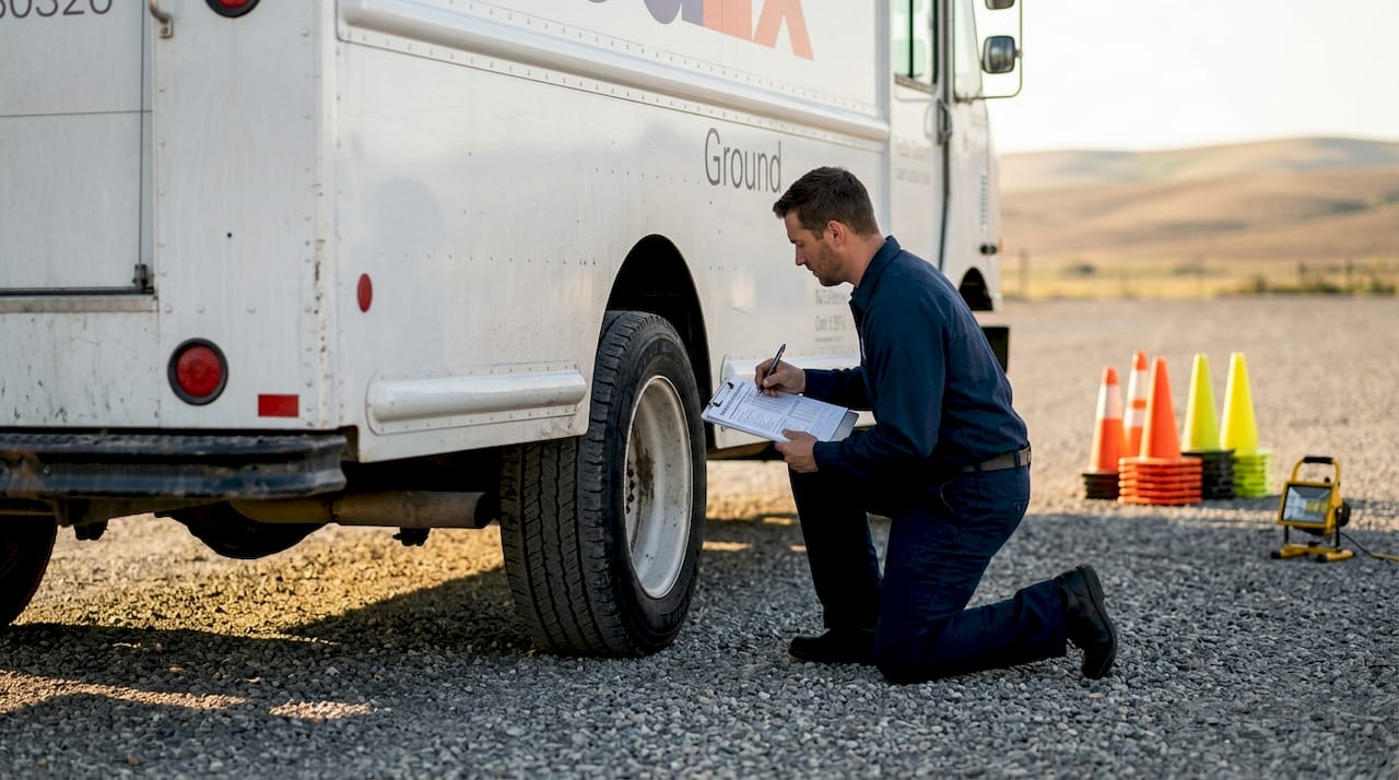 Fleet mechanic fills out DVIR by delivery truck