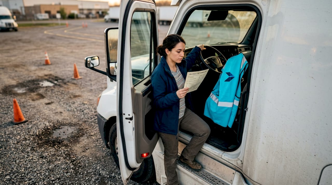 CDL applicant entering test truck outdoors