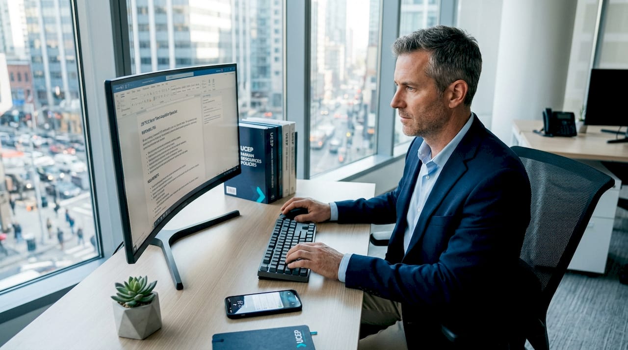 Recruiter editing job posting on computer at home office