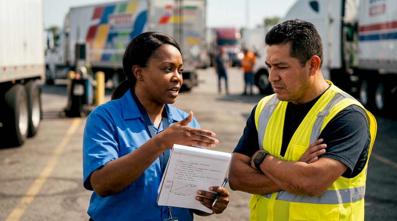 Two truck drivers discussing salary comparison outdoors