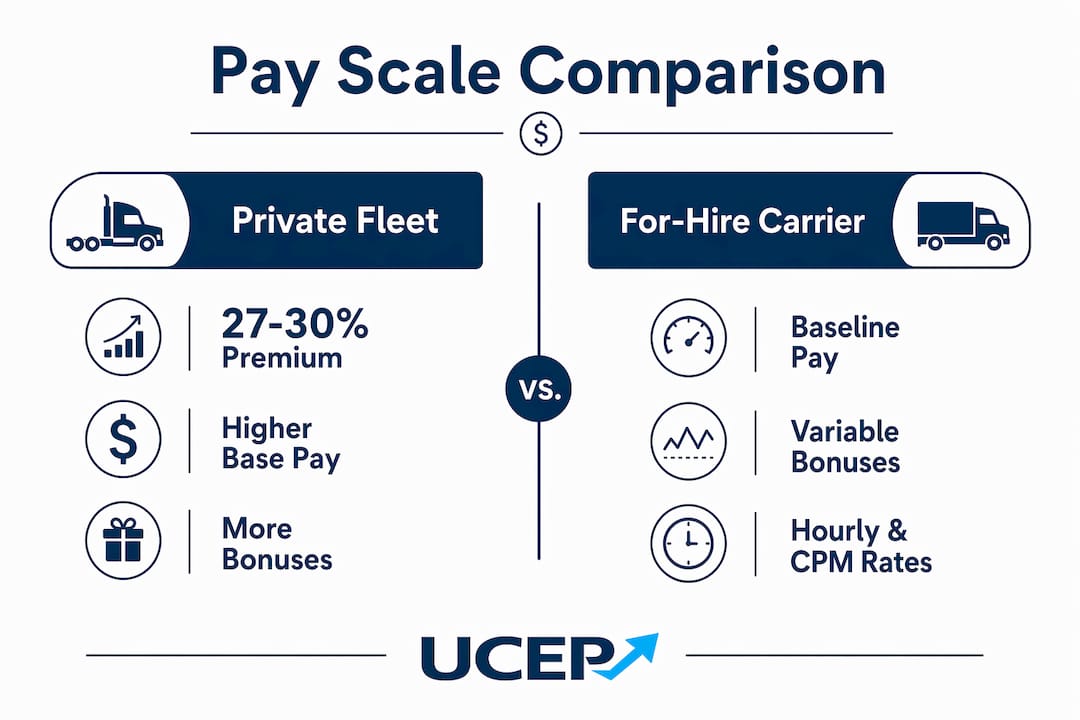 Infographic comparing private fleet and for-hire CDL-A driver pay