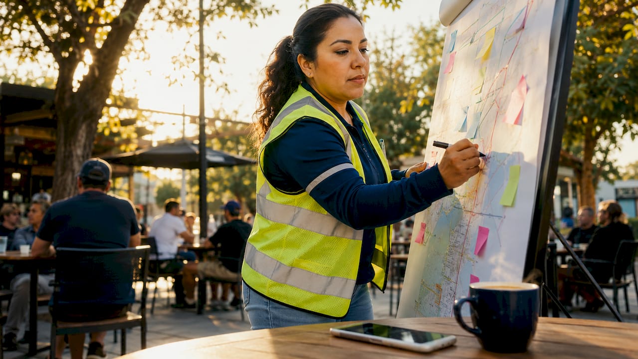 Regional truck driver planning routes on whiteboard
