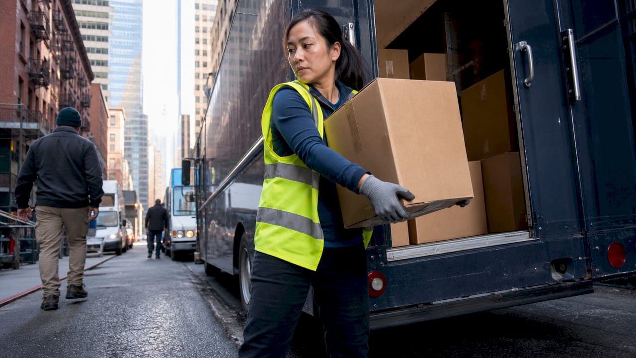 Driver loading packages into step van outdoors