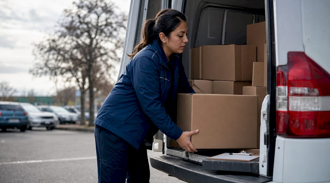 FedEx driver loading packages into delivery van
