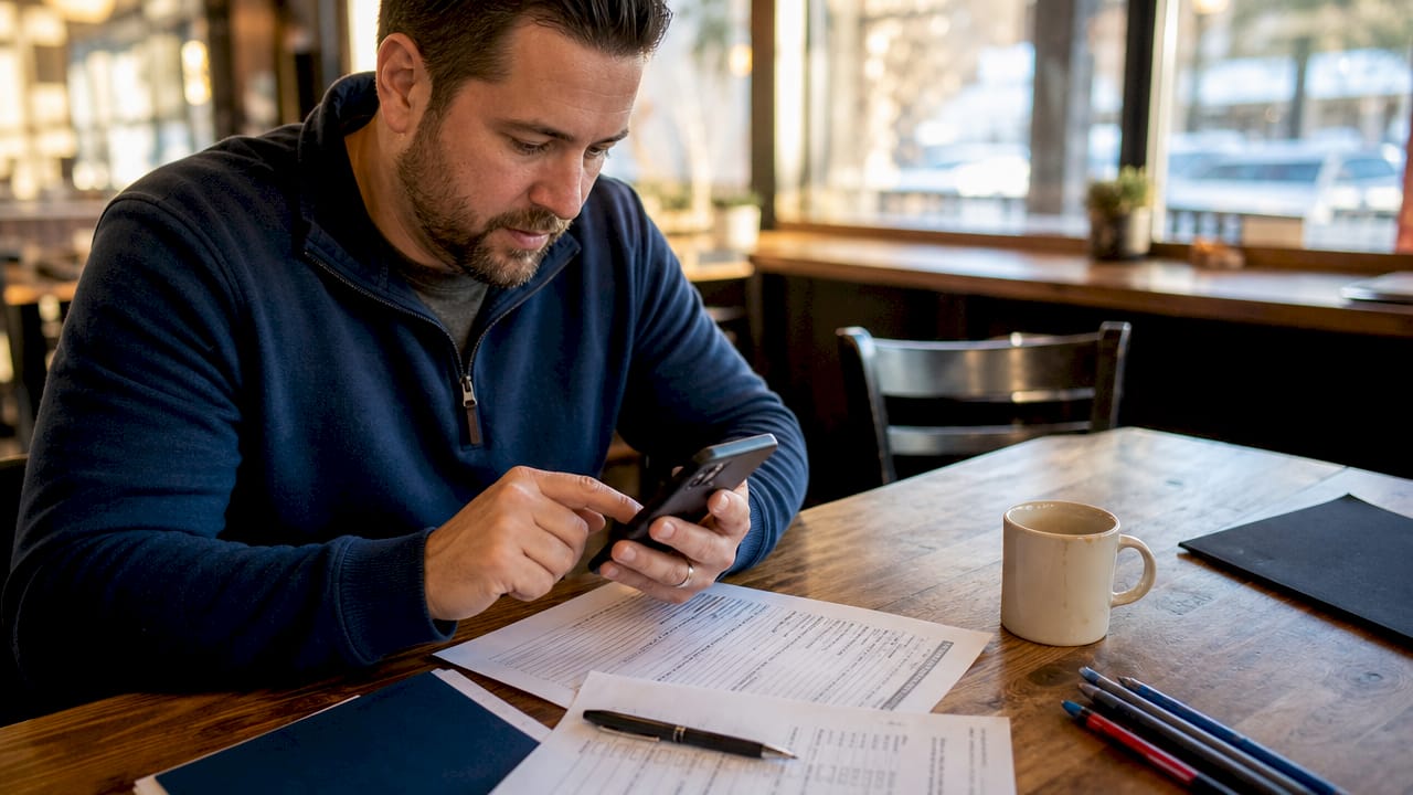 Hands making compliance verification call at desk