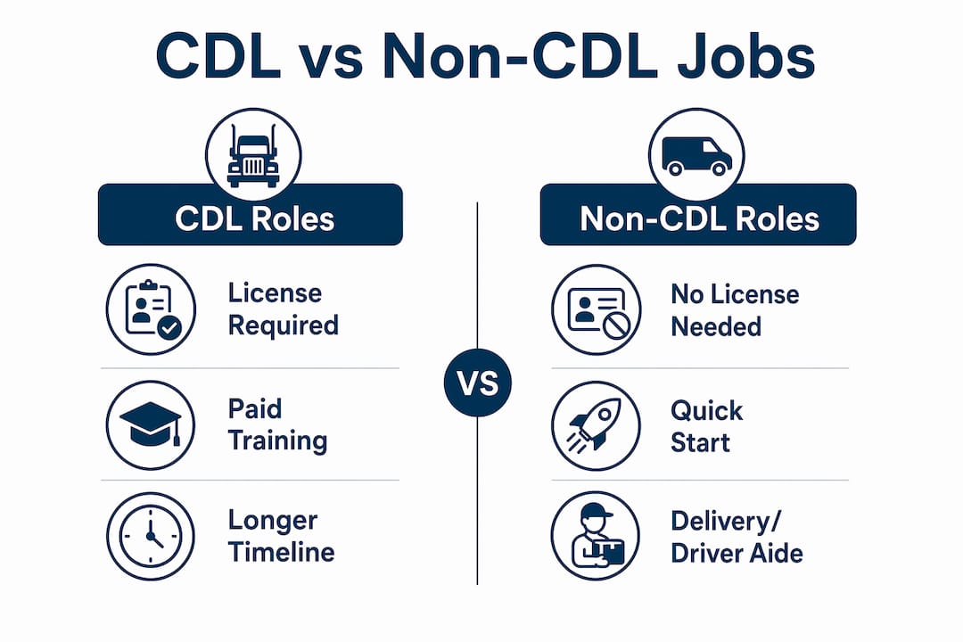 Infographic comparing CDL and non-CDL driving jobs with key differences