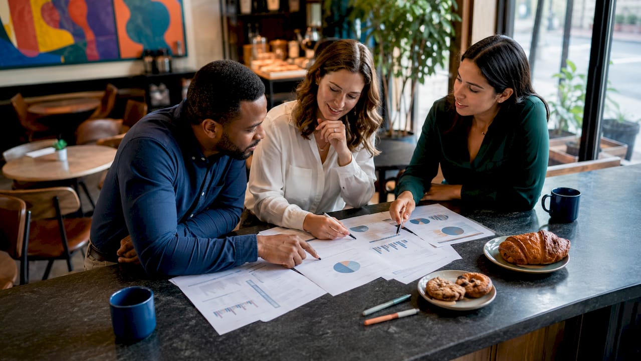 Team discussing job board differences in coworking space