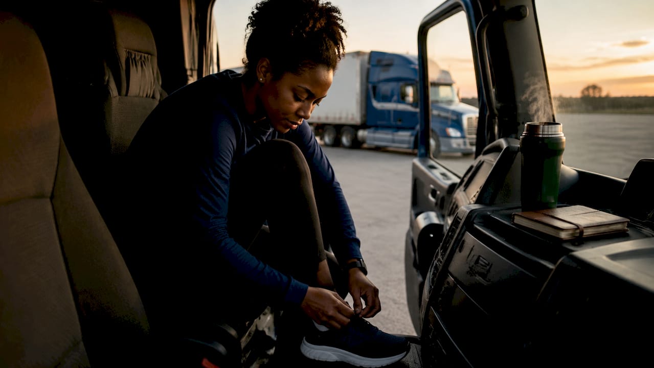 Female solo truck driver preparing for rest break outside truck