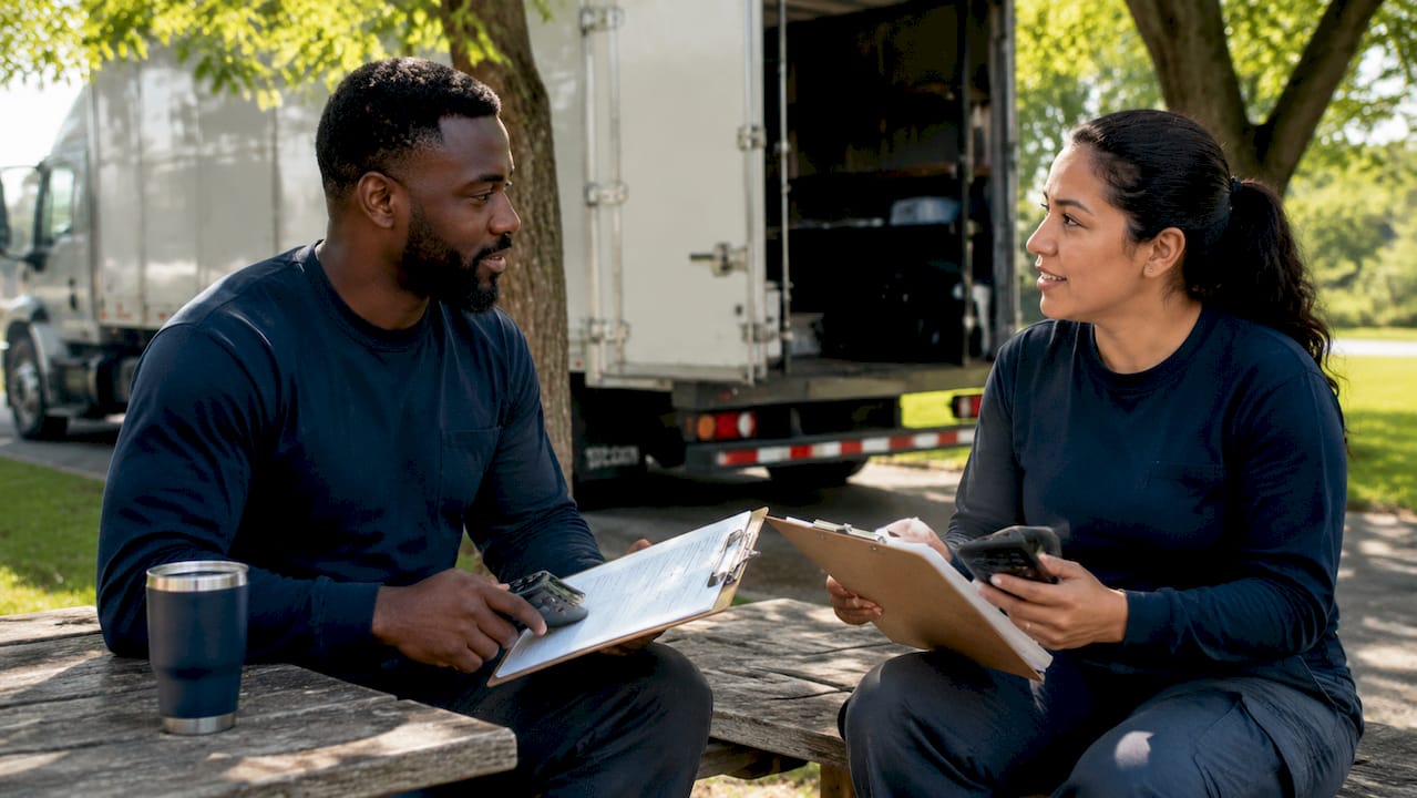 Team CDL-A drivers discussing pay rates inside truck cab