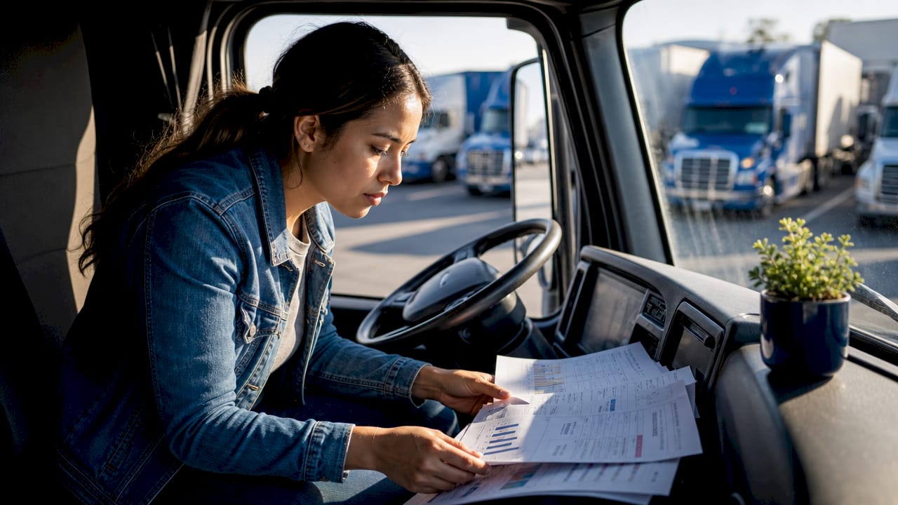 Female driver examining pay split documents inside truck