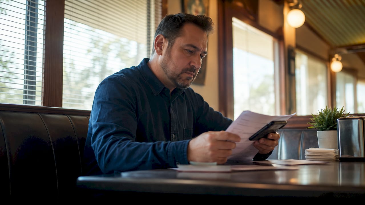 Solo driver reviewing pay statements in truck cab