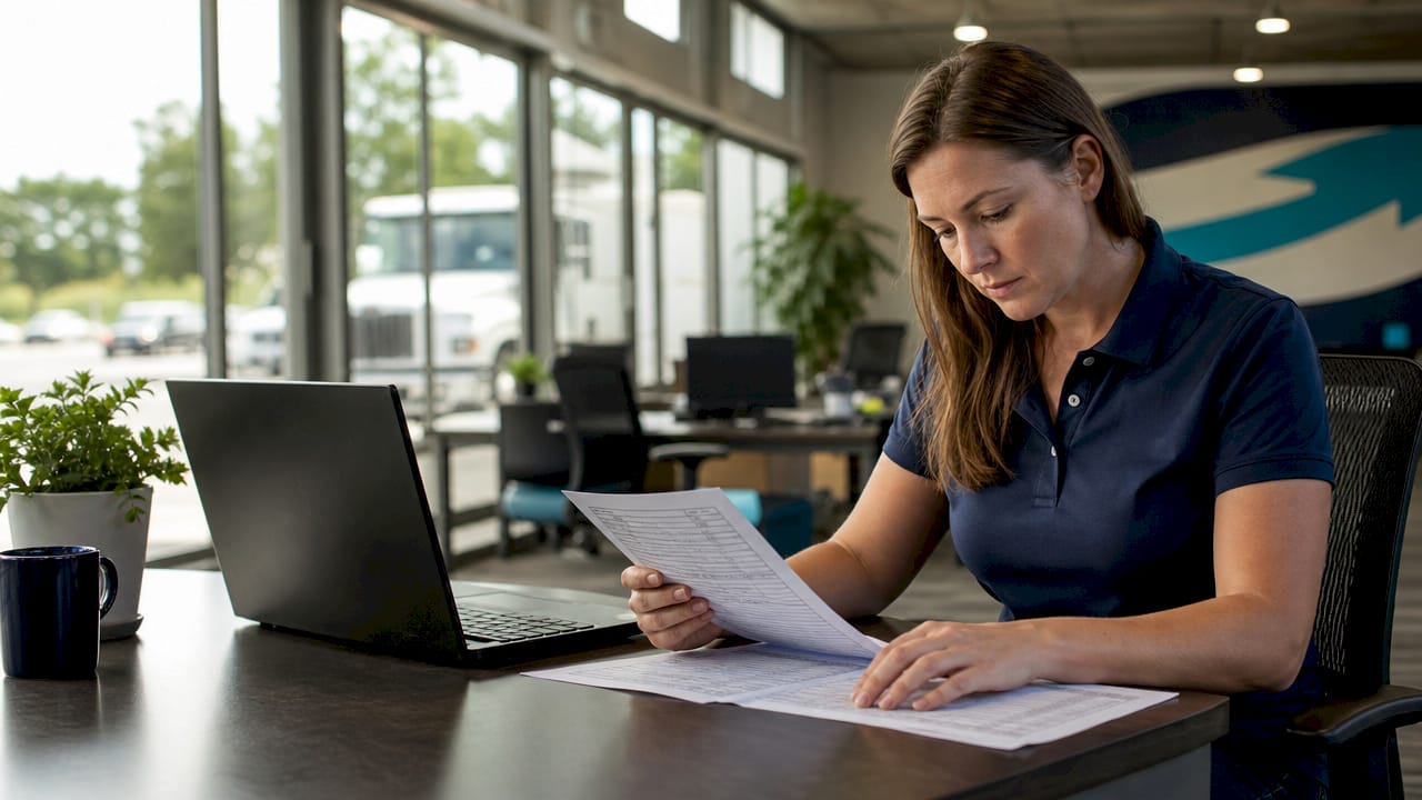 Female driver reviewing mileage log in fleet office