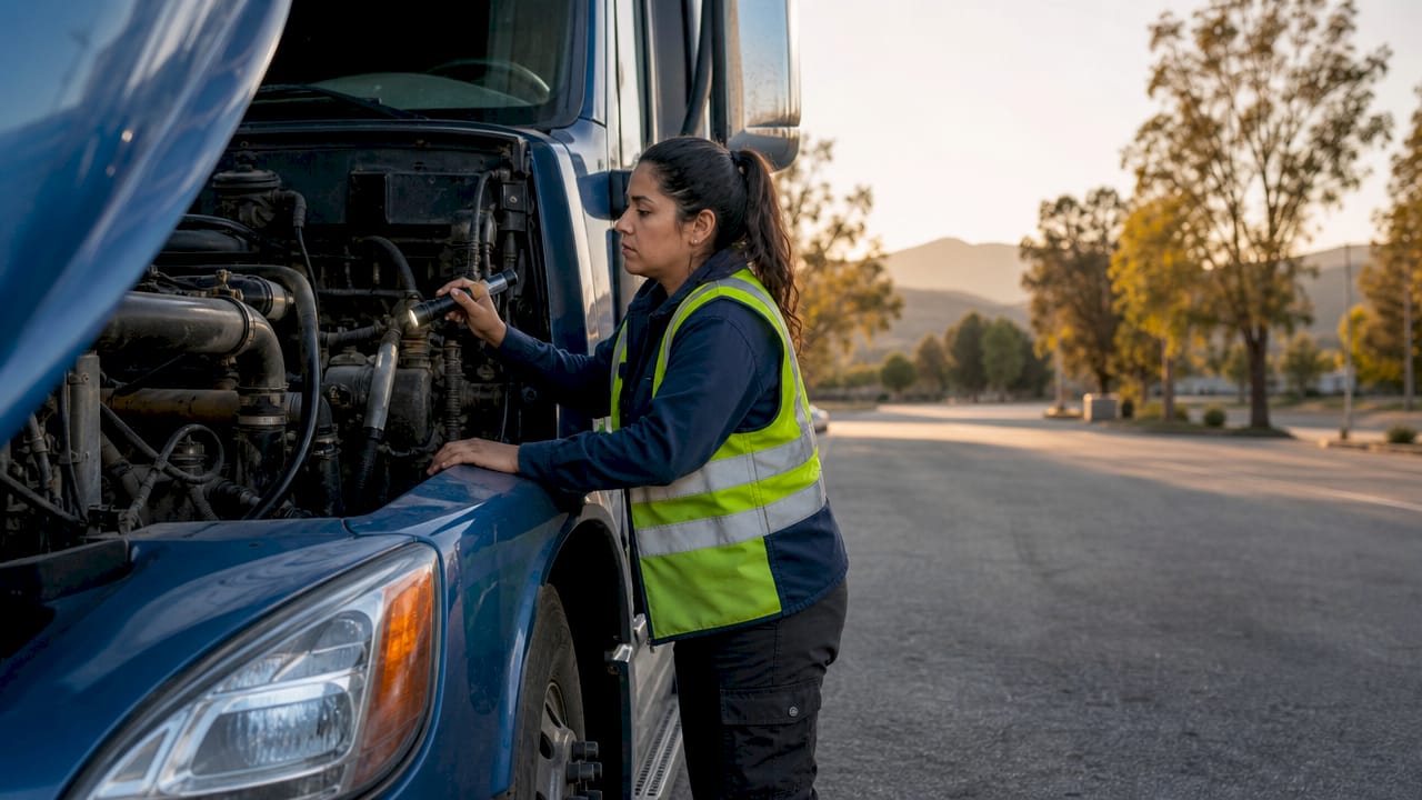 Driver inspecting semi-truck engine outdoors