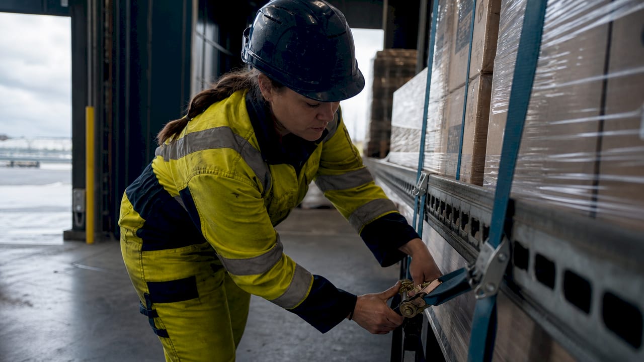Linehaul driver securing freight with load restraints in trailer
