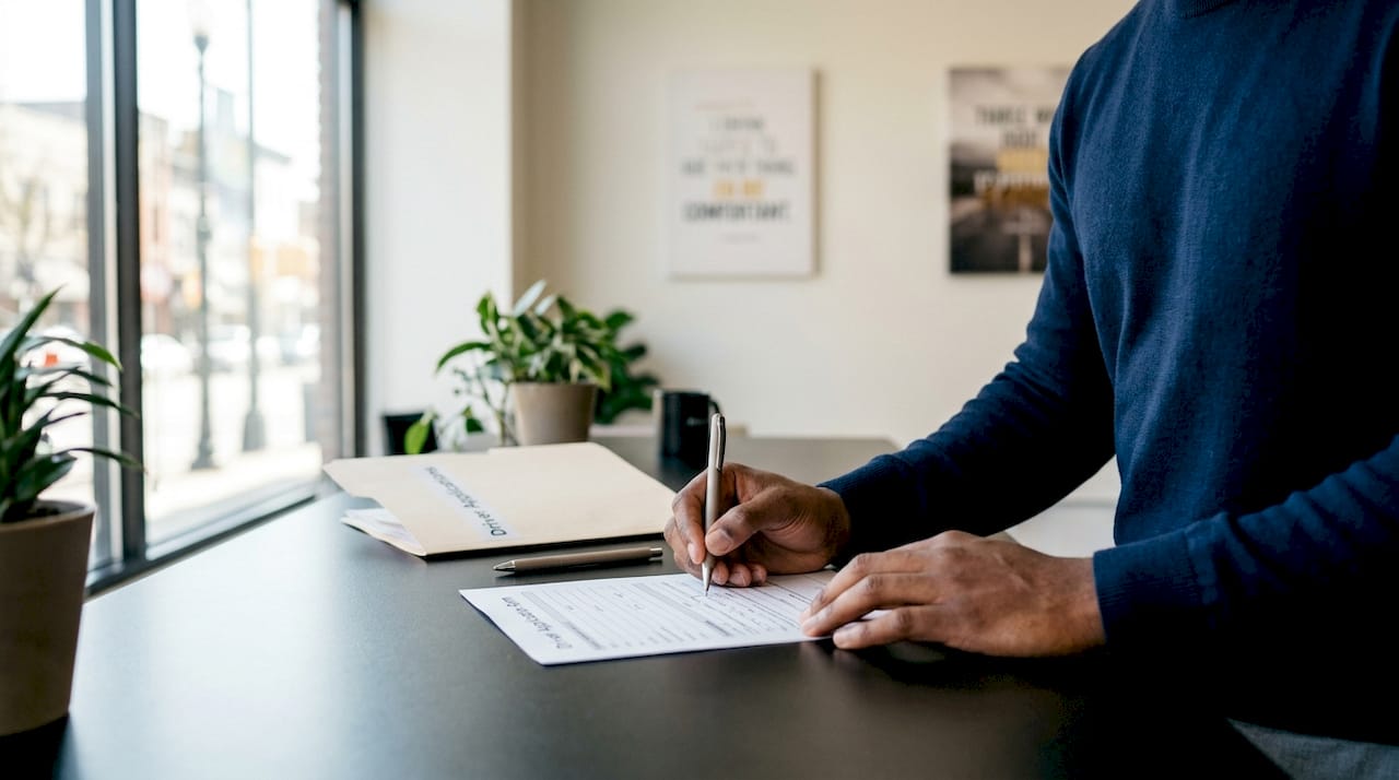 Hands filling FedEx driver application form