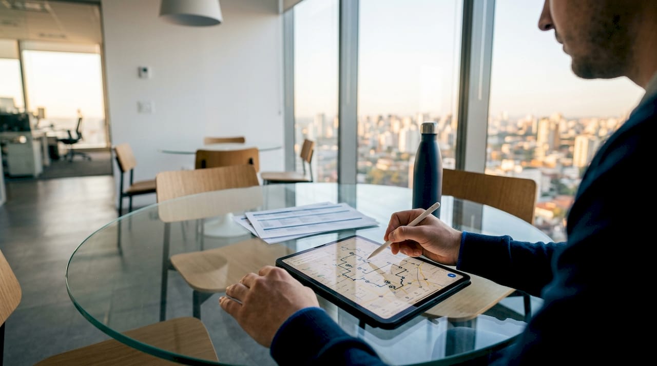 Hands planning delivery routes on tablet