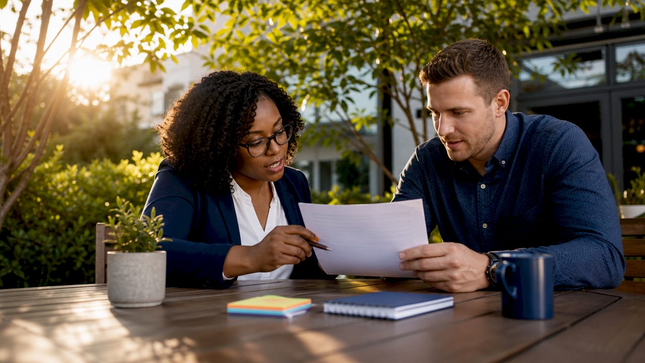 Two people reviewing trucking contract definitions together