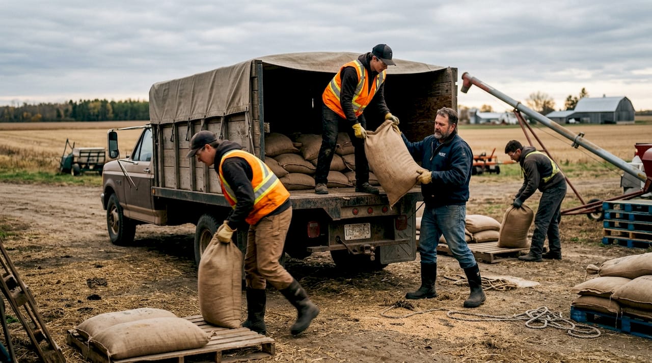Workers loading grain onto flatbed truck