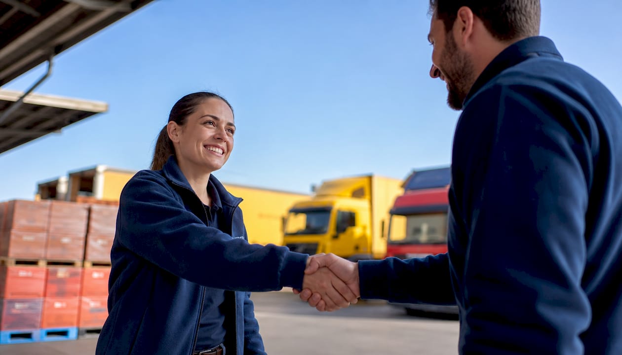 Driver shaking hands with warehouse manager