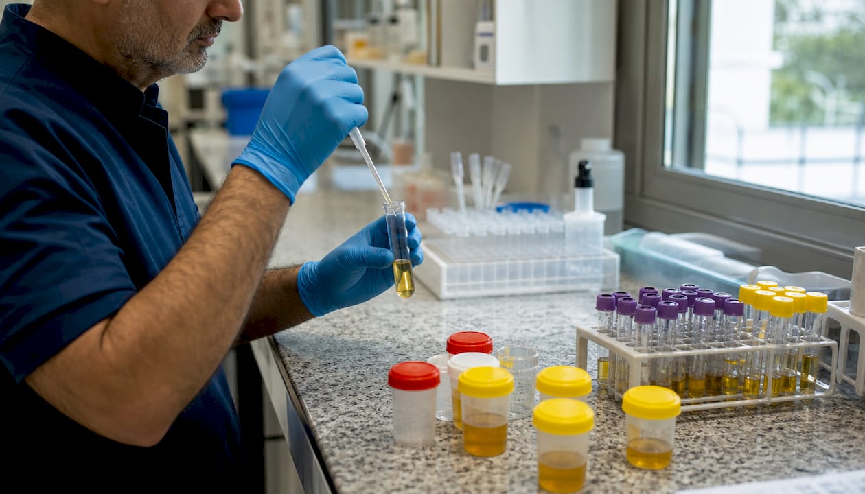 Lab technician handling urine test samples