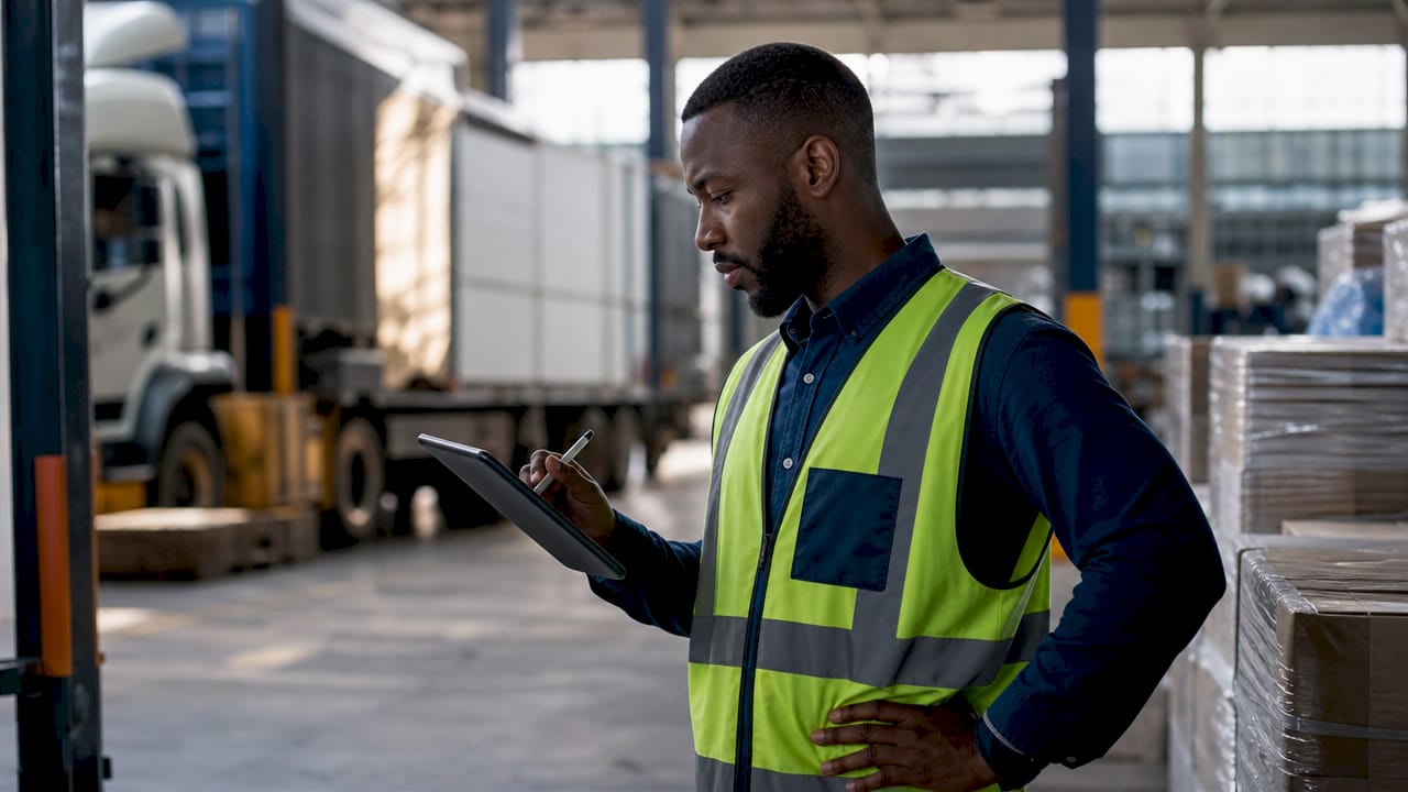 Logistics coordinator checking freight demand outdoors