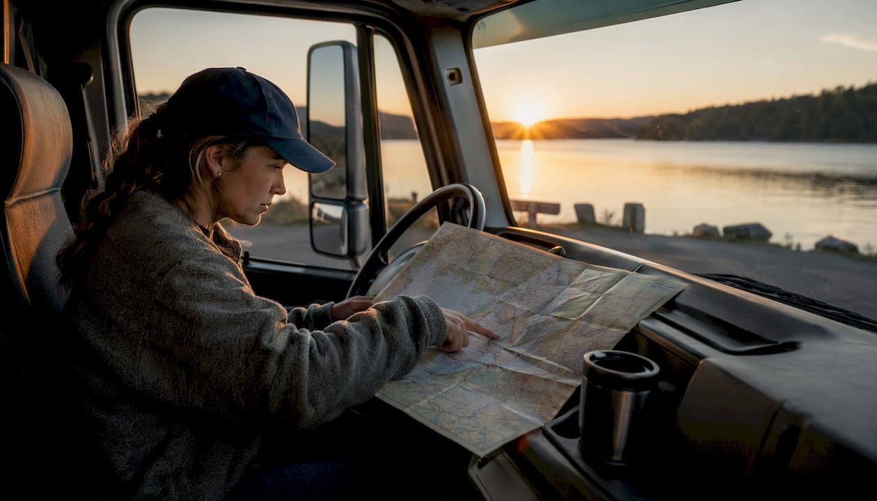 Long-haul trucker reviewing route inside semi-truck cab