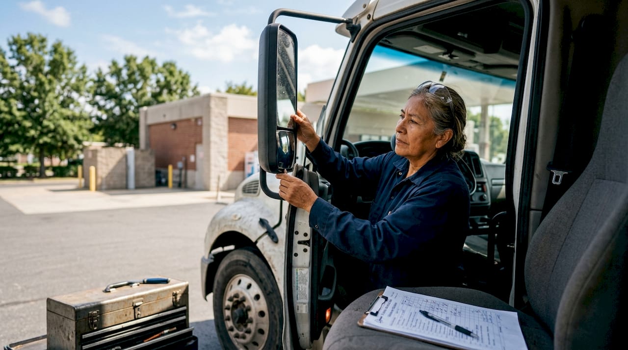 Woman preparing with mirror check inside truck cab