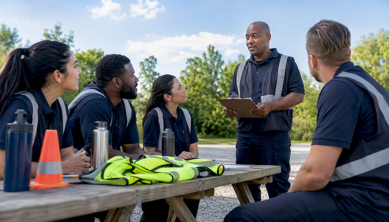 FedEx drivers discussing safety in training