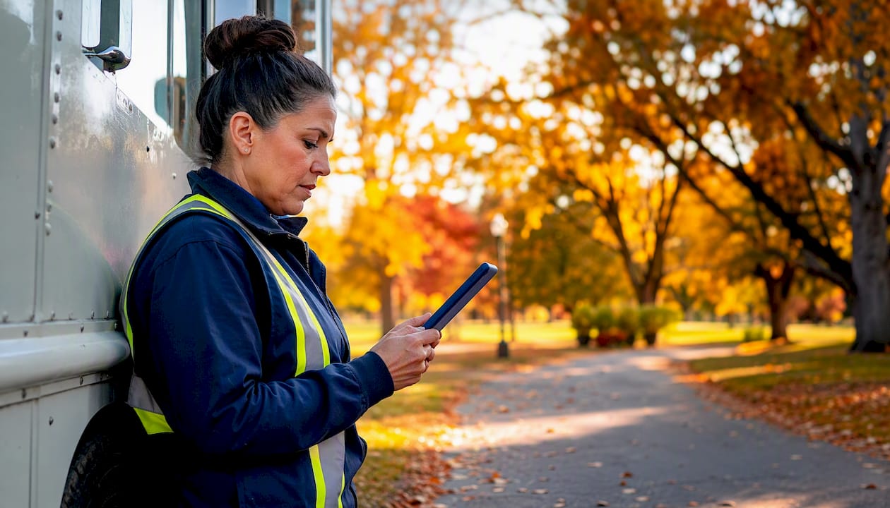 FedEx contract driver reviewing routes on tablet outdoors