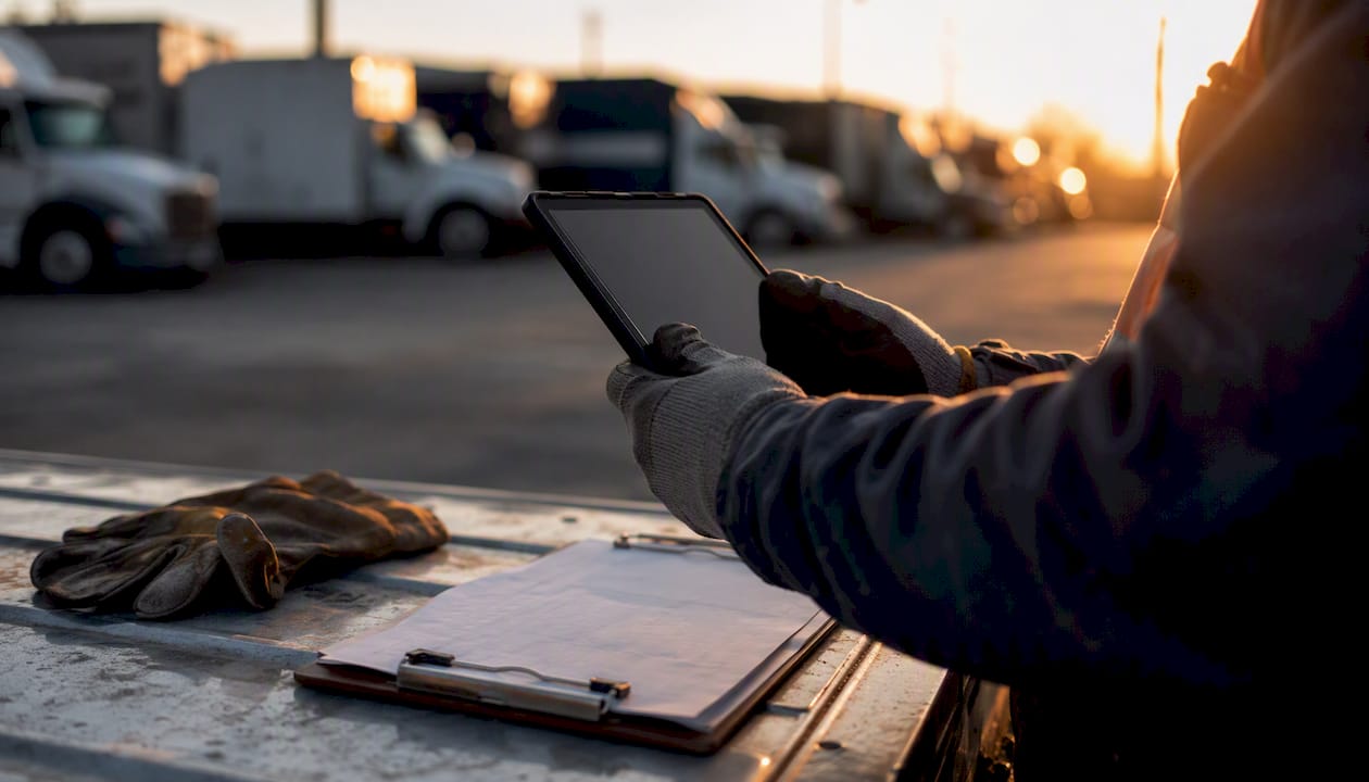 Hands holding tablet near fleet trucks
