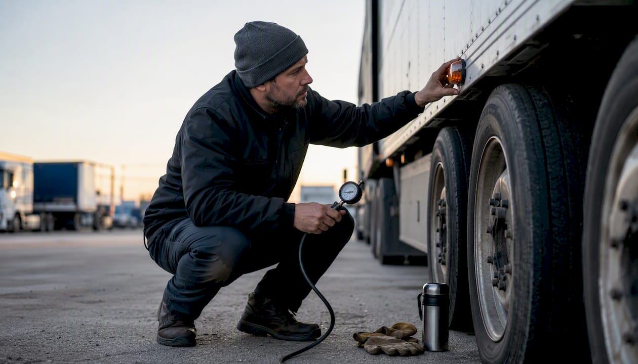 Driver checking truck controls morning