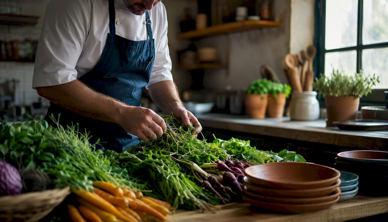 Chef selecting fresh vegetables in kitchen