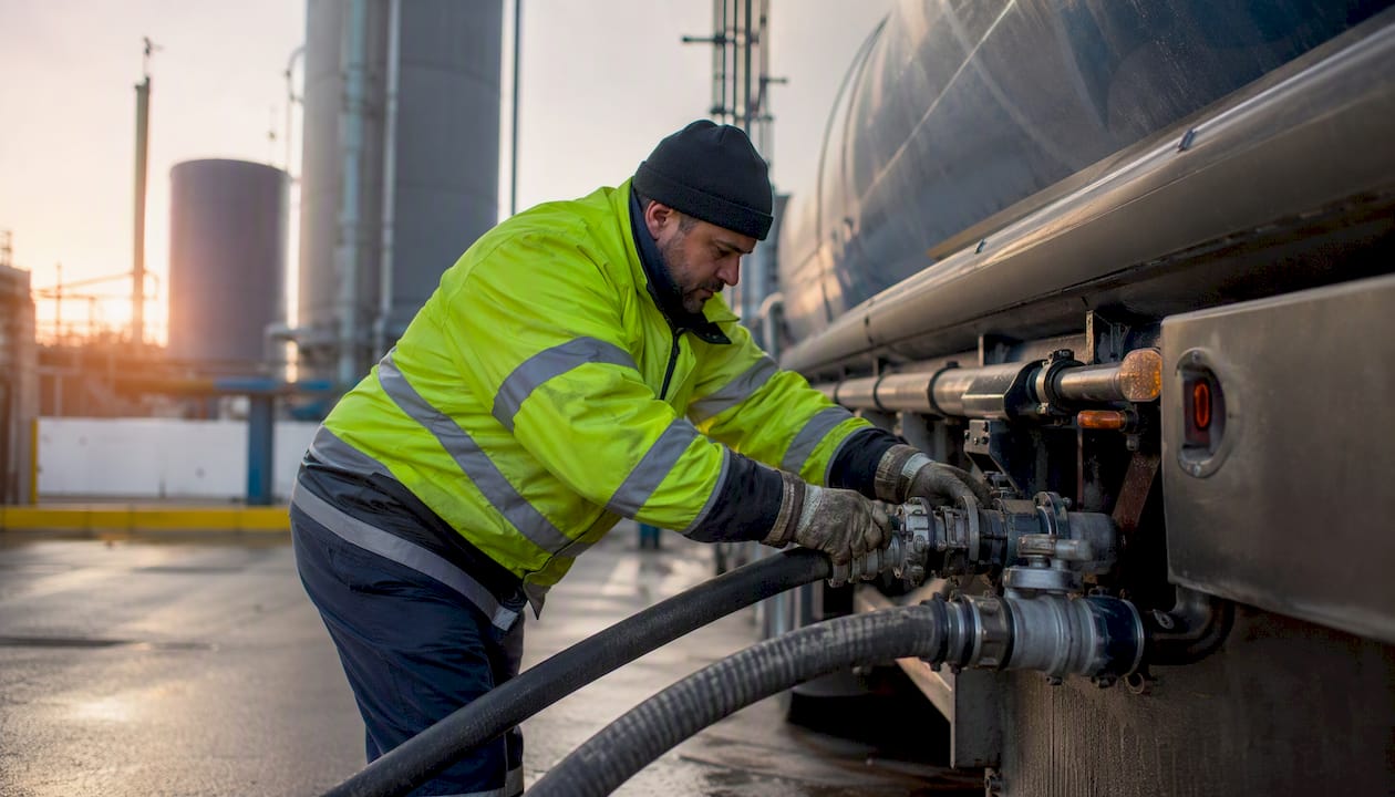 Tanker driver connecting hoses to trailer