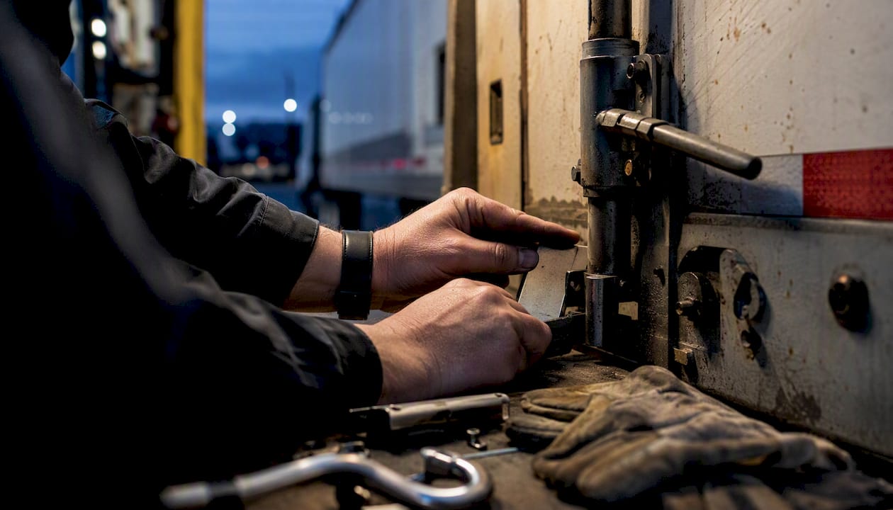 Hands testing trailer cargo door lock
