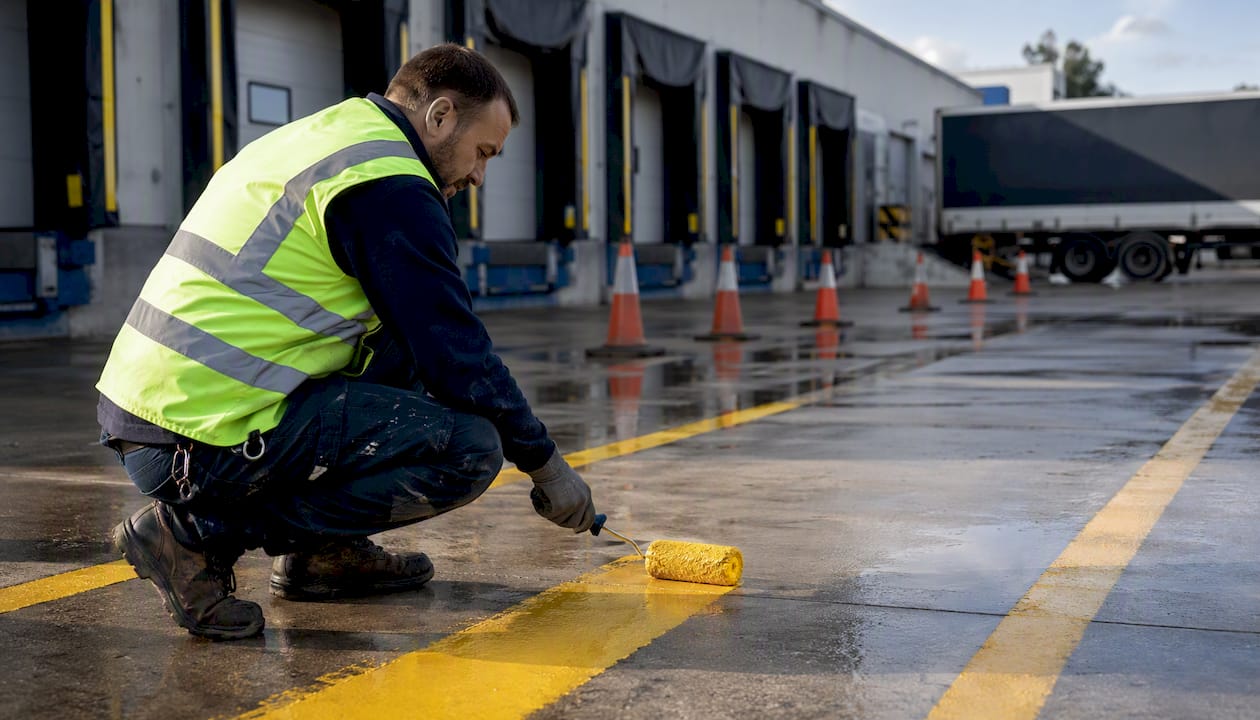 Supervisor applying safety markings at loading dock