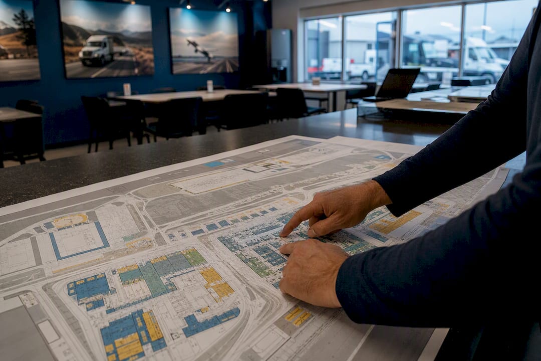 Hands pointing terminal location on logistics map