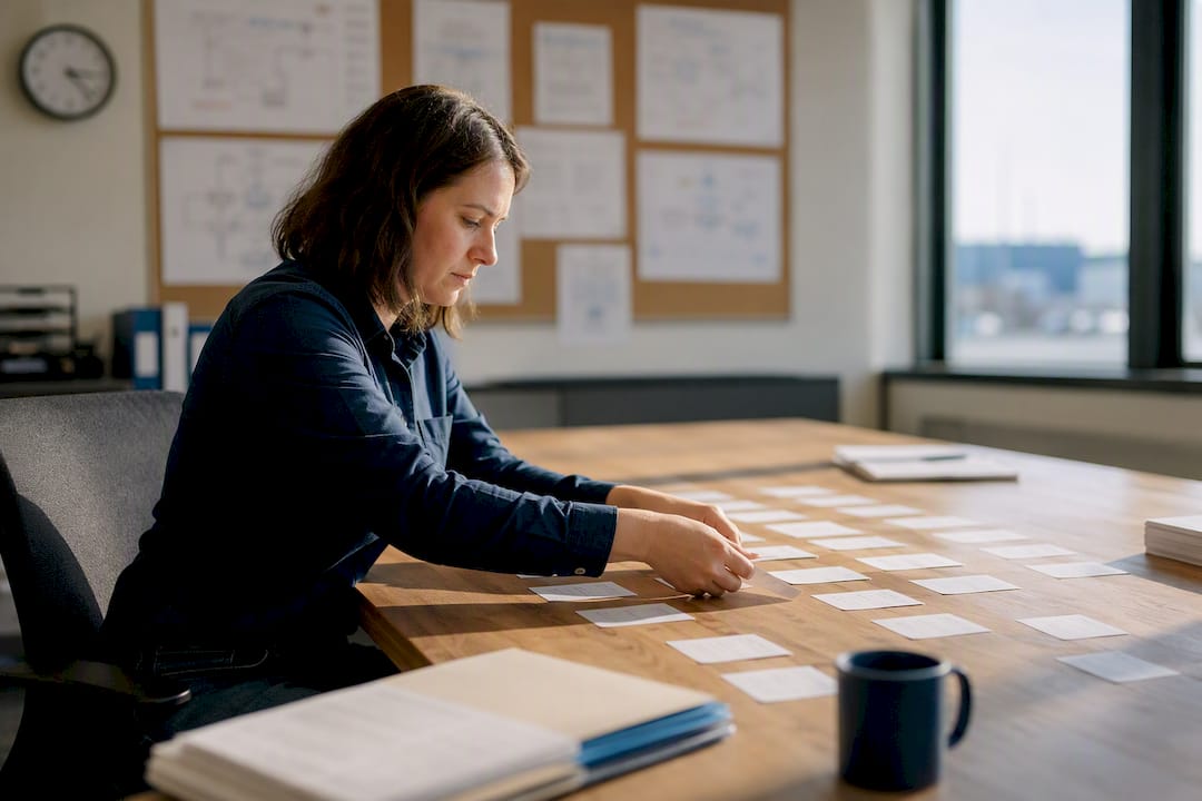 Recruiter handling candidate cards in office