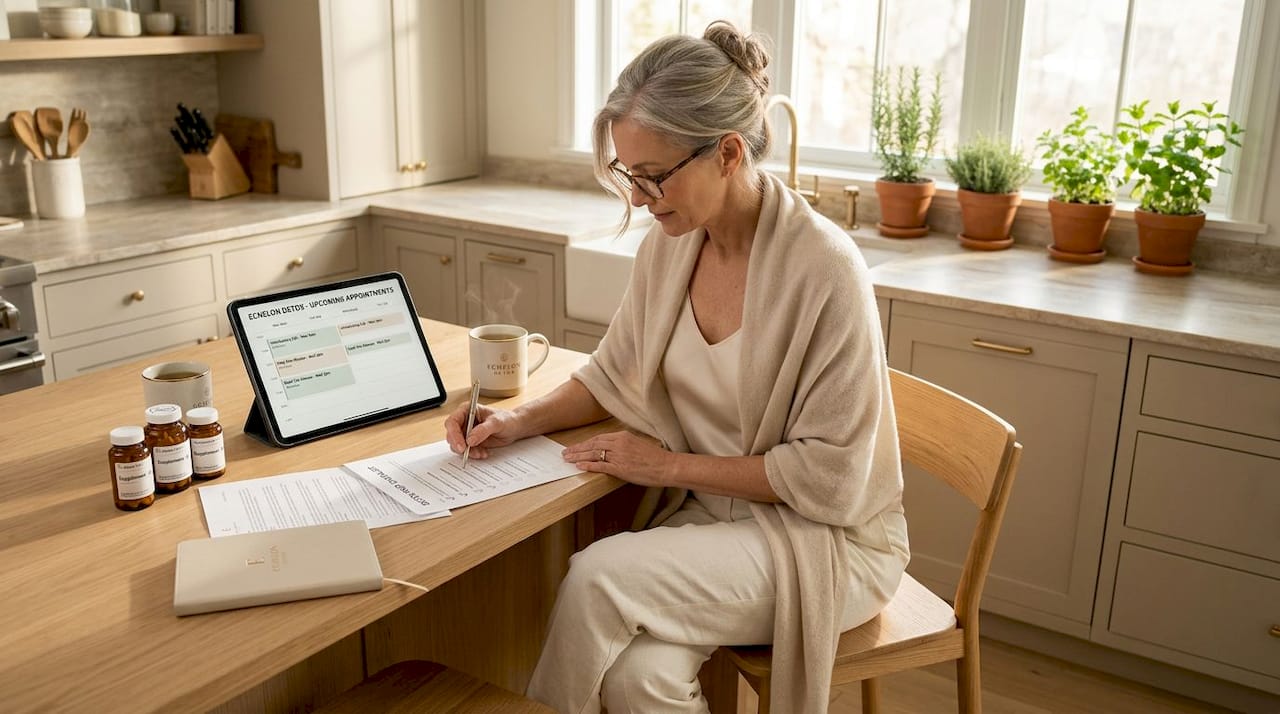 Woman preparing home detox checklist at table