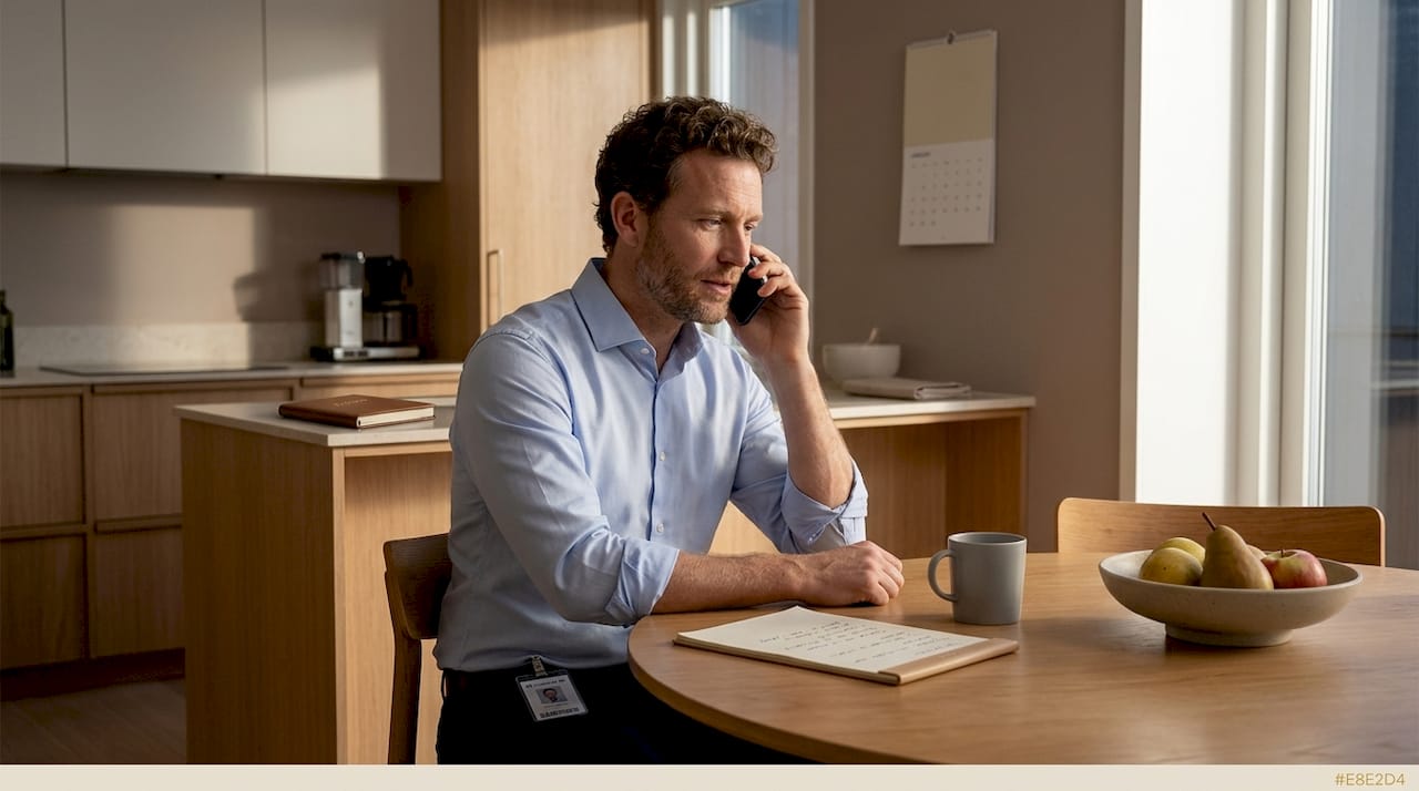 Physician makes private phone call at kitchen table