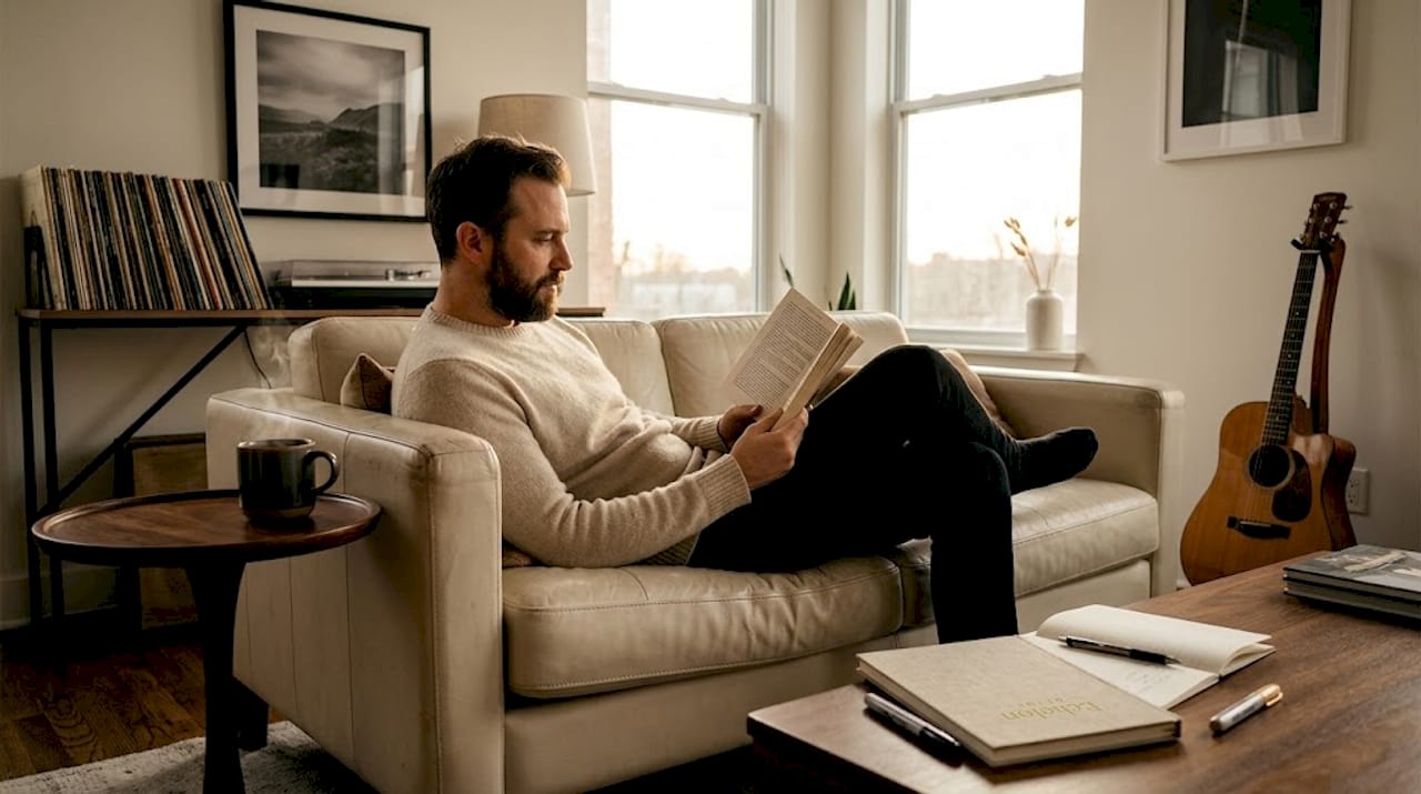 Musician relaxing on sofa during home downtime